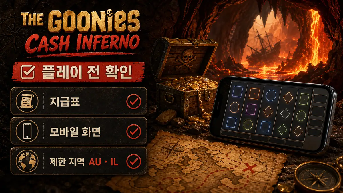 The Goonies Cash Inferno 슬롯게임 플레이 전 지급표와 모바일 화면 확인사항 이미지