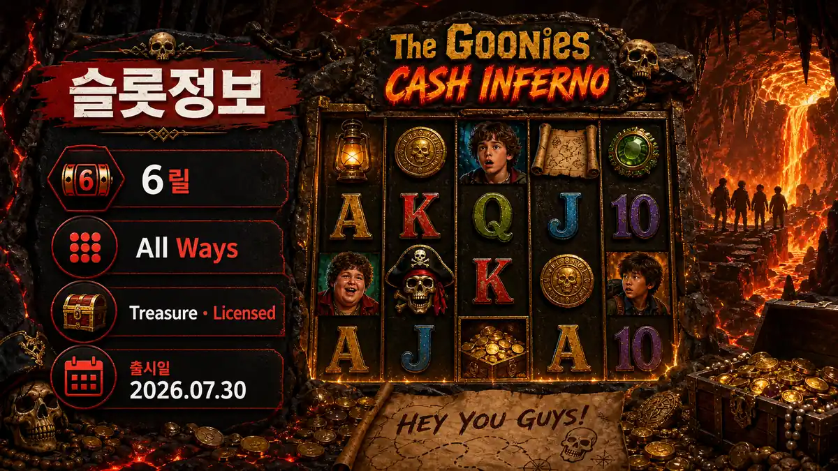 The Goonies Cash Inferno 슬롯게임의 6릴 구조와 All Ways 방식을 설명하는 본문 이미지