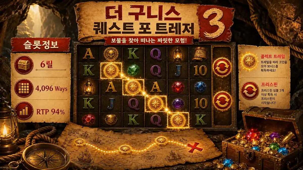 The Goonies Quest for Treasure 3 슬롯게임의 6릴 4096 Ways와 RTP 정보를 설명하는 본문 이미지