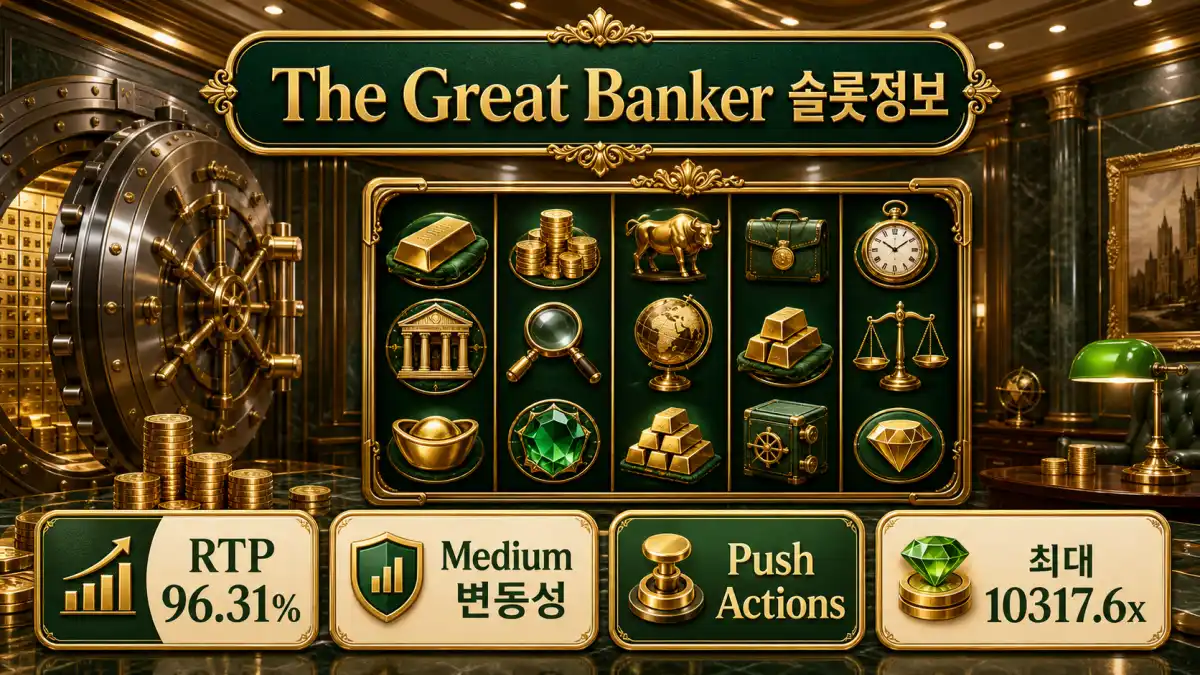 The Great Banker 슬롯게임의 RTP와 Medium 변동성을 정리한 본문 이미지