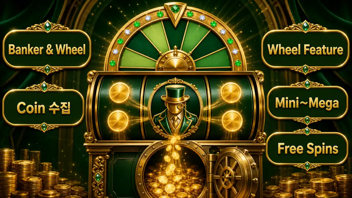 The Great Banker 슬롯게임의 Banker Symbol과 Wheel Feature를 설명하는 본문 이미지