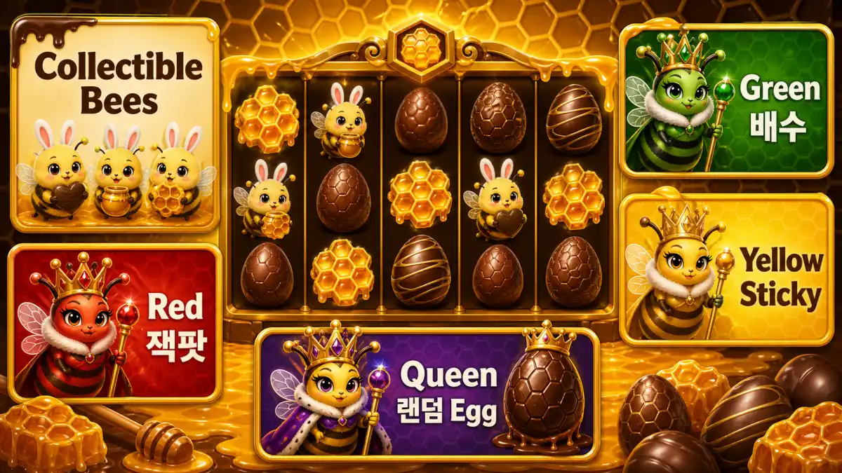 Wild Swarm 3 Chocolate Eggs 슬롯게임의 Collectible Bees와 Egg 기능을 설명하는 본문 이미지