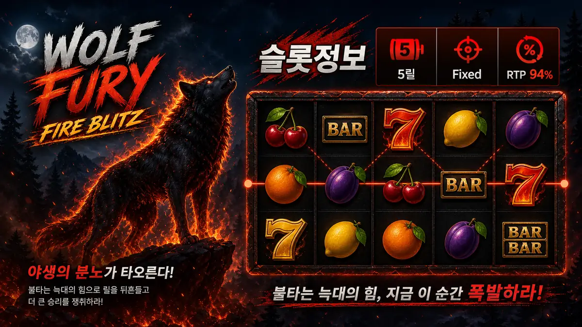 Wolf Fury Fire Blitz 슬롯게임의 5릴 Fixed 구조와 RTP 정보를 설명하는 본문 이미지